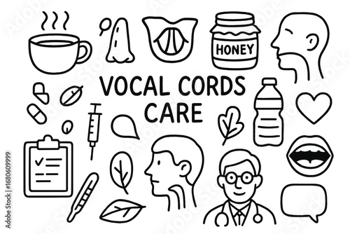 Vocal Care Essentials. Hand-drawn doodle illustration vocal cords care warm tea cup, vocal cords, honey jar, throat, water bottle,