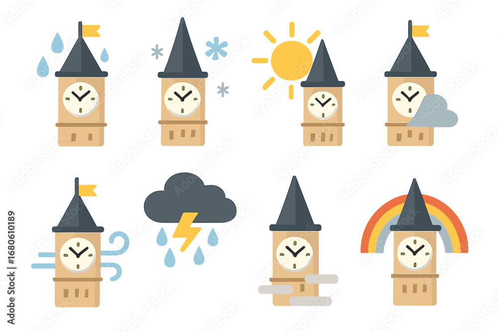 Naklejka premium Weather Icon Grid. Flat vector mini-illustrations clock tower weather effects in colors children's illustrations: rain droplets,