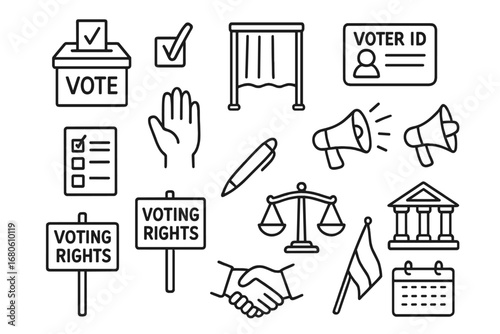 Voting Rights Advocacy. Hand-drawn doodle illustration voting rights advocacy ballot box, checkmark, voting booth, voter ID card,