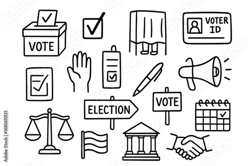 Voting Rights Icons. Hand-drawn doodle illustration Voting rights ballot box, checkmark, voting booth, voter ID card, raised hand,