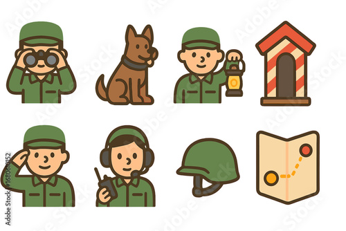 Watchtower Mini-Illustrations. Flat vector mini-illustrations watchtower guards in colors children's illustrations: guard with
