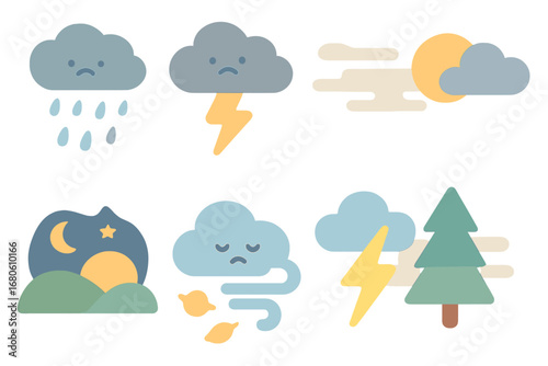 Weather Icons for Kids. Flat vector mini-illustrations sorrowful weather in colors children's illustrations: pouring rain,