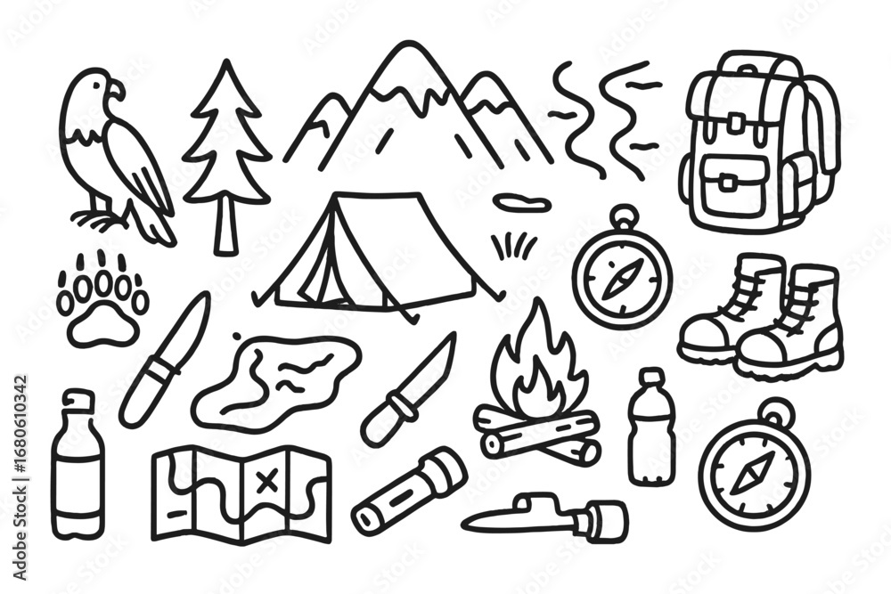 Fototapeta premium Wilderness Adventure Icons. Hand-drawn doodle illustration Mountain wilderness adventure mountain, pine tree, tent, backpack,
