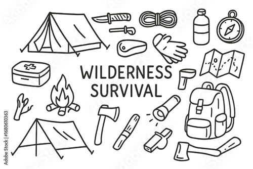 Wilderness Survival Icons. Hand-drawn doodle illustration Wilderness survival camping tent, knife, firestarter, rope, water bottle