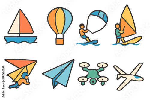 Wind-Powered Adventures. Flat vector mini-illustrations wind transportation in colors children's illustrations: sailboat, hot air