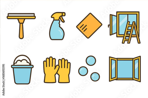 Window Cleaning Icons. Flat vector mini-illustrations window cleaning in colors children's illustrations: window squeegee, spray