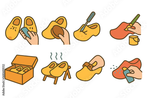 Wooden Shoe Care Icons. Flat vector mini-illustrations wooden shoe maintenance in colors children's illustrations: cleaning wooden