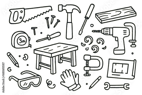Woodworking Tools Doodle. Hand-drawn doodle illustration woodworking workshop saw, hammer, chisel, wood plank, nails, screwdriver,