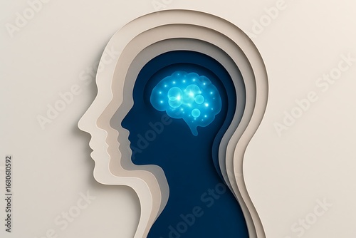 Human head layered silhouette papercut design with glowing brain highlights abstract concept showing intelligence thinking creativity psychology inspiration neuroscience futuristic mental health 