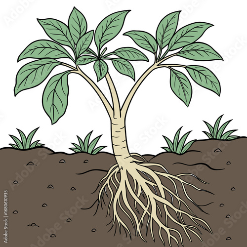 Illustration of a plant with visible roots growing in soil with green grass