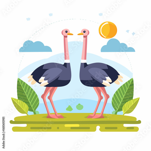 Cartoon vector illustration of two ostriches in flat geometric style.