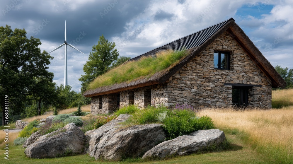 Fototapeta premium Stone House with Green Roof and Wind Turbine