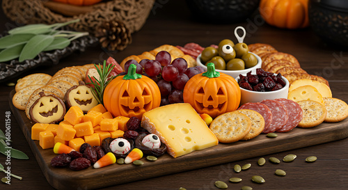 Spooky Halloween snack platter featuring jack-o'-lantern cheese, ghost crackers, and assorted treats on a wooden board