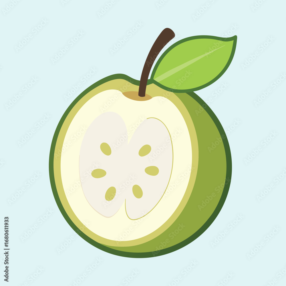 Obraz premium Illustrative crosssection of a green apple with stem and leaf