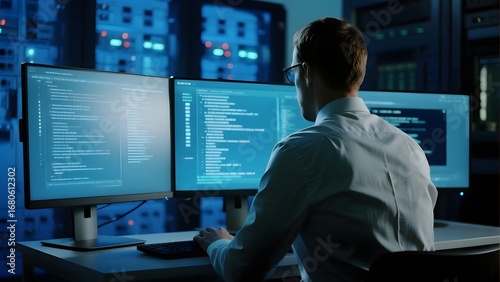Programmer working on multiple monitors in a server room filled with data racks.