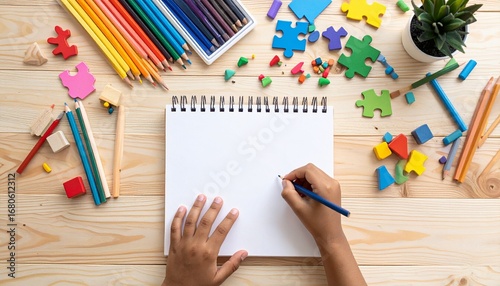 Child's creative space with drawing pad, colorful pencils and toys on the table, A creative child's workspace filled with diverse toys and stationery