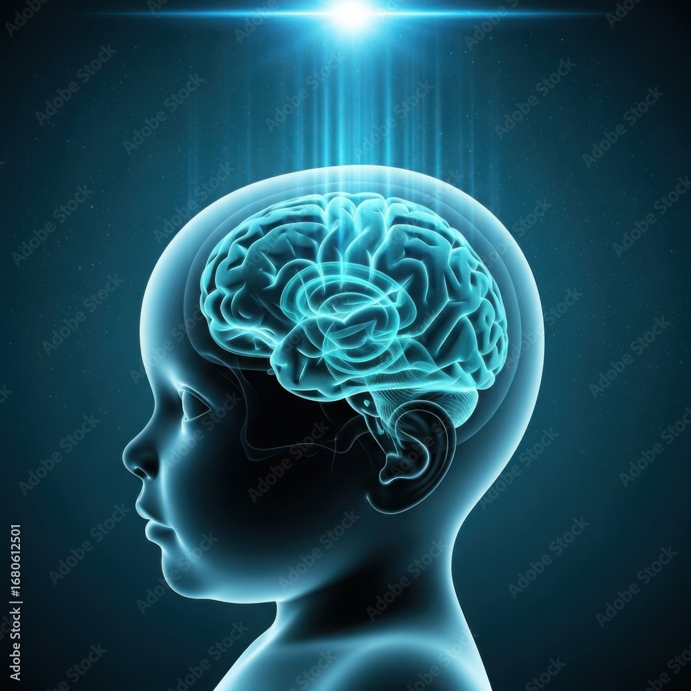 Obraz premium Glowing brain of a child receiving knowledge and inspiration