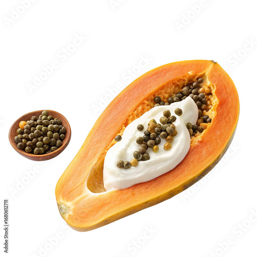 Ripe papaya half filled with creamy yogurt and topped with seeds for a delicious breakfast