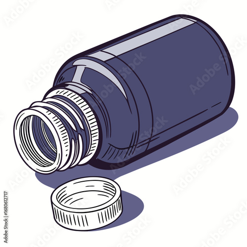 Illustration of a dark bottle lying on its side with the cap off, , perfect for showcasing medicines, pills, or other pharmaceutical products in a clean style