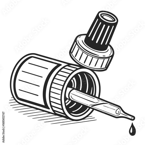 Illustration of a dropper bottle with a pipette and a drop of liquid, , perfect for representing medicine, cosmetics, or essential oils in a clean and simple style