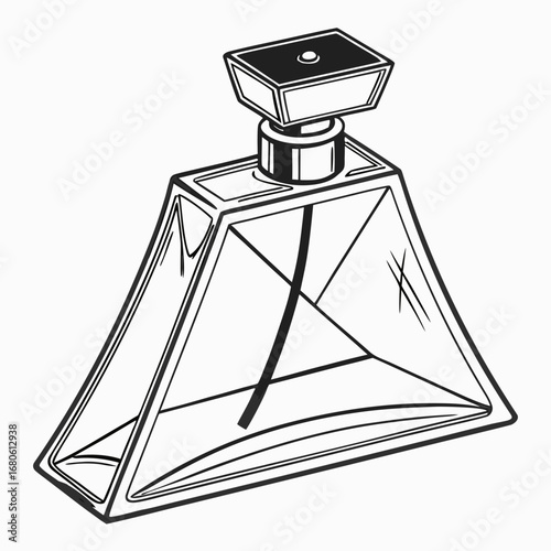 Illustration of a perfume bottle with a geometric design, the bottle is clear glass with a black cap and a black spray nozzle, simple and elegant design