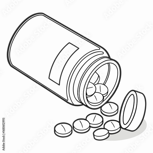 Illustration of a spilled pill bottle, depicting medication, treatment, and healthcare, suitable for medical and pharmaceutical themes