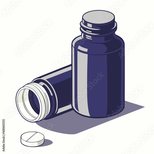 Illustration of two dark bottles, one standing and one lying on its side with a pill, , perfect for showcasing medicines, pills, or other pharmaceutical products