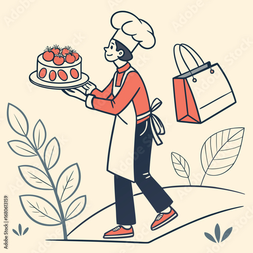 Vector art of a baker carrying a strawberry cake on a plate with a shopping bag next to him, showcasing his culinary skills and the joy of delivering delicious treats to customers
