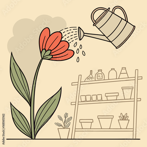 Illustration of watering can pouring water on flower, symbolizing gardening, growth, and the nurturing care of plants, with a shelf of pots and bottles in the background