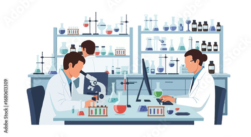 Flat vector illustration of a science laboratory interior with researchers in lab coats working with microscopes, test tubes, and computers, shelves with glassware and chemical bottles