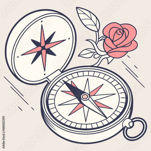 Vector art of vintage compass with a delicate rose illustration, perfect for travel, adventure, or romantic themes, with a handdrawn, decorative style