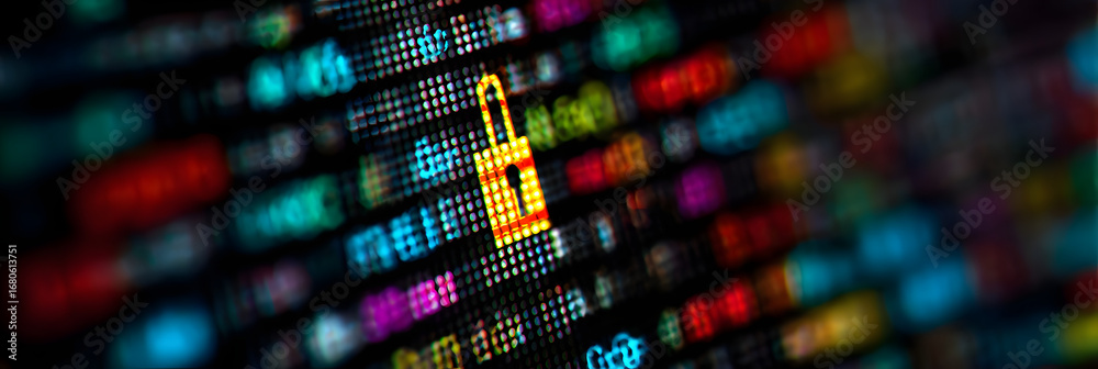 Fototapeta premium Close-up of a computer screen displaying colorful diital data with a focus on padlock icon, symbolizingcybersecurity