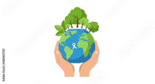 Flat vector illustration of hands holding planet Earth with green leaves and trees, climate change awareness and sustainability theme, isolated on white background