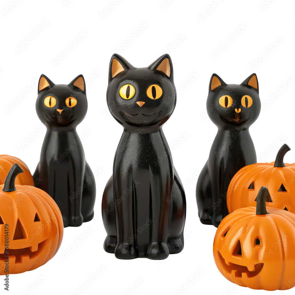 Fototapeta premium halloween spooky party ideas Three black ceramic cats surrounded by carved pumpkins.