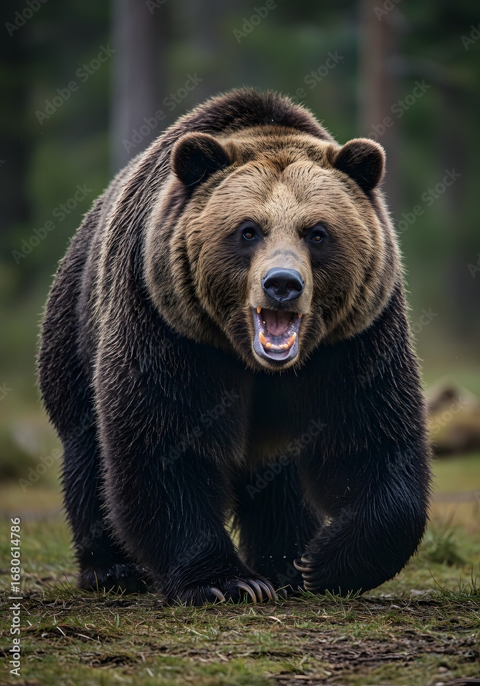 Fototapeta premium Brown Bear Roaring in Forest