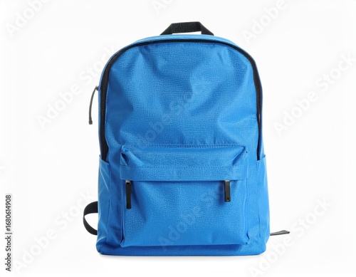 A bright blue backpack with black accents, featuring a front pocket and visible zippers, isolated on a white background.