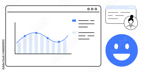 Line graph with data points, user profile with avatar, and smiling emotion representing success. Ideal for data visualization, feedback tracking, user experience, performance growth, analytics