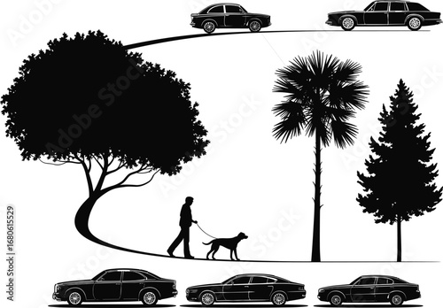 Silhouettes of Cars, Trees, and Person Walking Dog in Urban Park Scene – Vector Illustration for Nature, Transport, and City Life