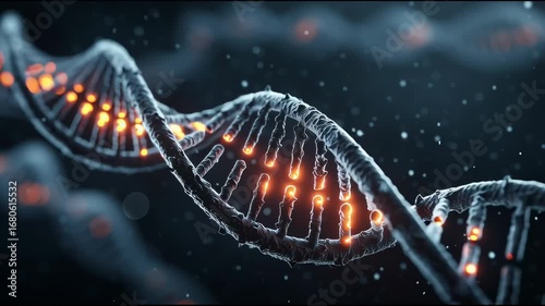3D render of DNA double helix with glowing edited gene markers, black background, cinematic lighting