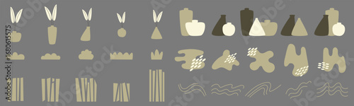 Set of Decorative Design Projects Botanical Shapes, Plants, Leaves in Vases, Various Shapes of Vases, Green Grass, Rectangular Shapes Lined Up, Organic Lines and Minimalist Abstract Vector Decorative 
