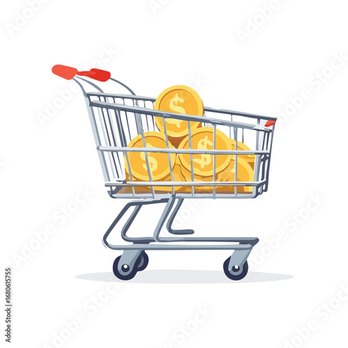 Shopping cart full of gold dollar coins representing consumer spending, retail sales, wealth, and the economy. Vector illustration on a white background