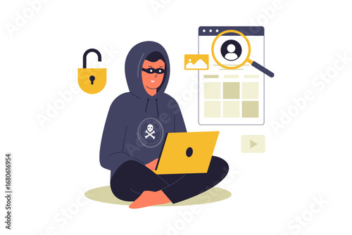 Cyberstalking and Digital Surveillance Illustration. A Hacker Secretly Monitoring a Woman's Online Activities, Highlighting the Dangers of Stalking and Data Privacy. Vector Flat Illustration