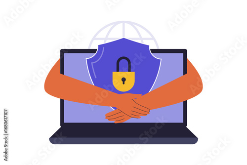 Illustration of Online Privacy and Secure Connections. Two hands protecting a laptop, symbolizing a secure and trusted data protection agreement. Flat Vector Illustration.