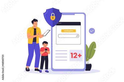 Parental Control and Kids' Online Safety Illustration. A Parent and Child Using a Smartphone App to Monitor and Protect from Inappropriate Digital Content. Flat Vector Illustration.
