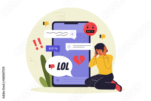 Cyberbullying and Online Harassment Illustration. A Woman Feeling Sad and Stressed from Negative Comments on Her Smartphone, Highlighting Digital Bullying and Mental Health. Vector Flat Illustration