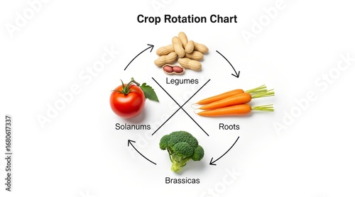 A circular diagram illustrating crop rotation, featuring various vegetables and legumes, showing seasonal planting.