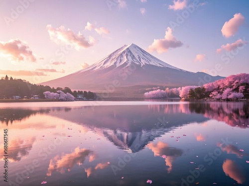 A serene landscape with Mount Fuji's snow - capped peak reflected in a calm lake, surrounded by cherry blossom trees under a pastel sky with clouds.