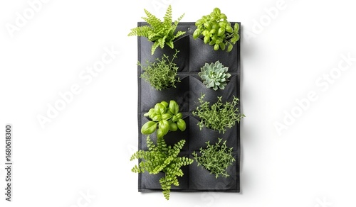 A vertical garden featuring various herbs and succulents, arranged in individual pockets.