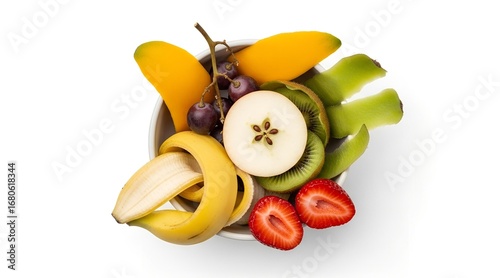 A bowl of assorted fresh fruits, including bananas, strawberries, grapes, and kiwi.