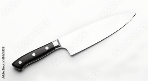 A classic chef's knife with a black riveted handle and a sharp steel blade on a white background.